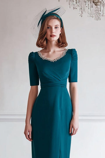 Peacock Blue Sheath Midi Mother Of The Bride Dress With Slit